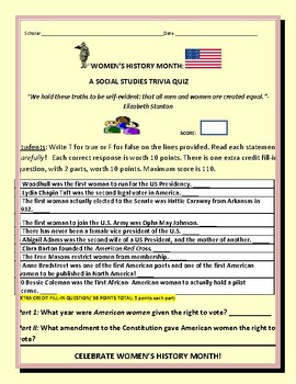 Preview of WOMEN'S HISTORY MONTH: A SOCIAL STUDIES HISTORY TRIVIA QUIZ W/ ANSWER KEY