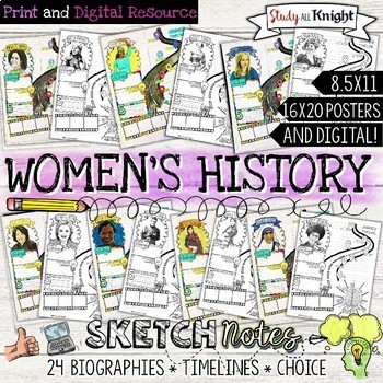 Preview of Women's History Month, Biographies, Timelines, Sketch Notes, Posters Bundle