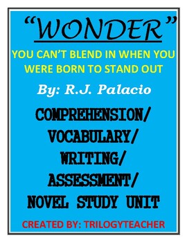 Preview of WONDER Comprehension/Assessment/Vocabulary/Writing Novel Study Unit