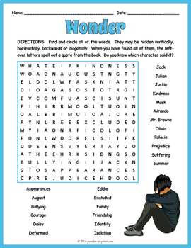 Preview of WONDER by RJ Palacio Novel Study Word Search Puzzle Worksheet Activity