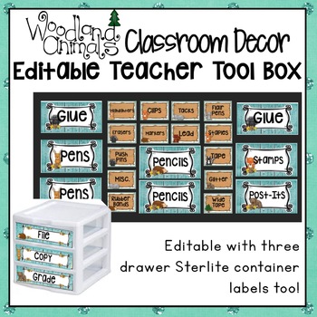 Preview of WOODLAND ANIMALS FOREST OR CAMPING CLASSROOM EDITABLE TEACHER TOOLBOX LABEL