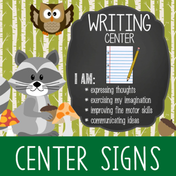 Preview of WOODLAND animals - Classroom Decor: Center Signs, student cards