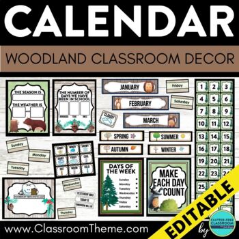 Preview of WOODLAND Theme CLASSROOM CALENDAR SET numbers cards math bulletin board editable