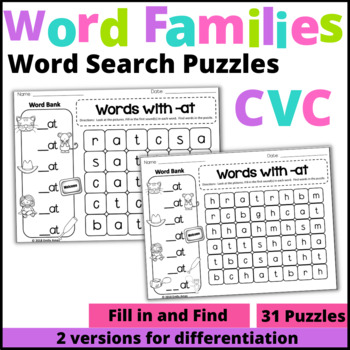 Preview of WORD FAMILIES Word Search: Fill-in-and-Find Phonics CVC Puzzles (Short Vowels)
