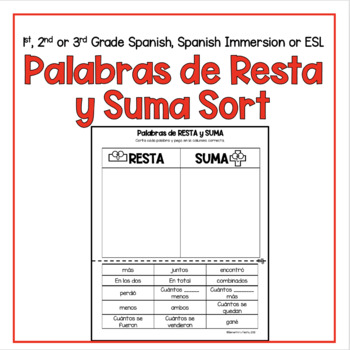 Preview of WORD PROBLEMS KEY WORDS SORT, + & - : Spanish; PALABRAS DE SUMA Y RESTA