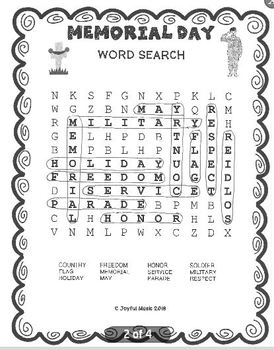 WORD SEARCH PUZZLES Memorial Day FREE by Joyful Music | TpT
