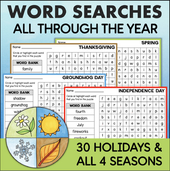 Preview of Holidays Fall Winter Spring Summer WORD SEARCH PUZZLES Wordsearch Word Searches