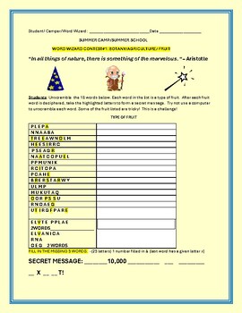 Preview of WORD WIZARD CONTEST#1: A SUMMER CAMP/ SCIENCE ACTIVITY W/ANS. KEY
