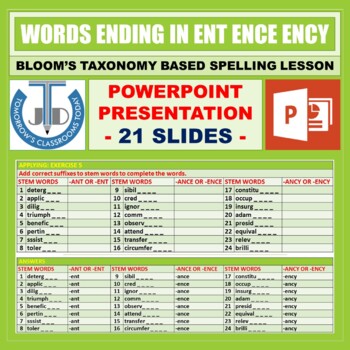 Preview of SUFFIXES - WORDS ENDING IN -ENT -ENCE -ENCY: POWERPOINT PRESENTATION - 21 SLIDES
