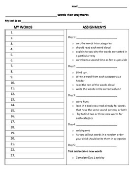 Preview of Words Their Way Homework sheet