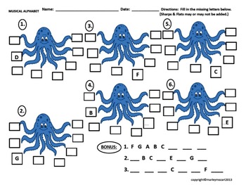 Preview of WORKSHEET ASSESSMENT FOR Musical Alphabet & Great for Music Substitutes