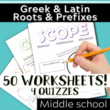 Preview of Greek & Latin Root Words and Prefixes-50 Printable Worksheets + 4 Quizzes