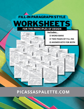 Preview of WORKSHEETS BUNDLE - ALL ART ELEMENTS & PRINCIPLES - FILL INS FOR ART TEACHING