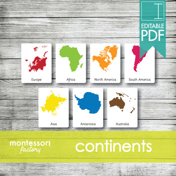 Preview of WORLD CONTINENTS | MONTESSORI Printable Nomenclature Three Part Cards