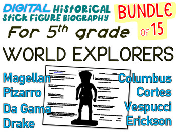 Preview of WORLD EXPLORERS Historical Stick Figure Biographies BUNDLE of 15 for 5th Grade