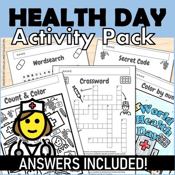 Preview of WORLD HEALTH DAY 8 ACTIVITIES ESL W ANSWER KEY I SPY Wordsearch Crossword