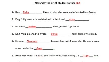 world history alexander the great student outline and key worksheet printable