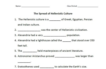 Preview of WORLD HISTORY: Spread of Hellenistic Culture Student Outline Worksheet & Key