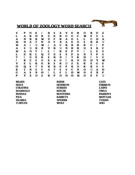 Preview of WORLD OF ZOOLOGY WORD SEARCH
