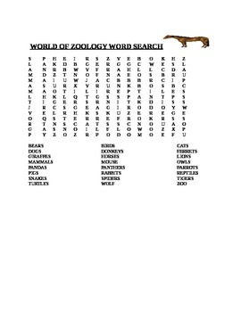 WORLD OF ZOOLOGY WORD SEARCH by HOUSE OF KNOWLEDGE AND KINDNESS