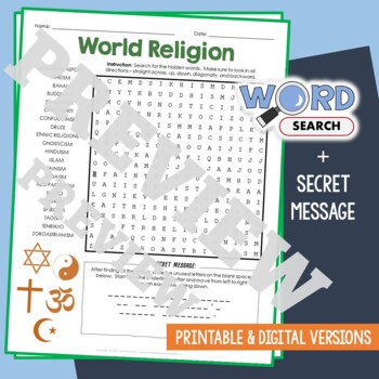 Preview of WORLD RELIGIONS Word Search Puzzle Activity Vocabulary Worksheet Secret Message