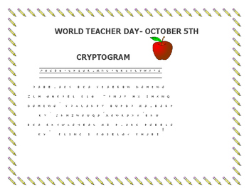 Preview of WORLD TEACHER DAY- OCTOBER 5TH CRYPTOGRAM- THANK A TEACHER!