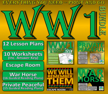 Preview of WORLD WAR 1 BUNDLE- 12 Lesson Plans, 10 worksheets, Reading Texts, Escape Room