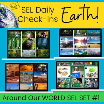 Preview of WORLD set #1: SEL Social Emotional Checkin slides | EARTH Day, garden, recycle