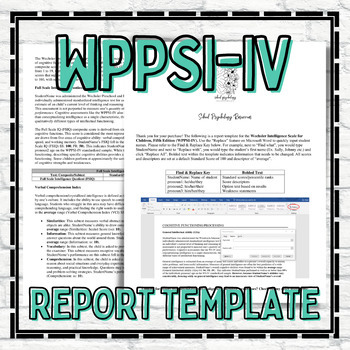 Preview of WPPSI Report Template School Psychology Special Education Assessment Eval