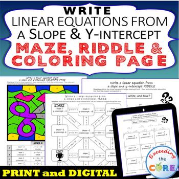 Preview of WRITE A LINEAR EQUATION FROM A SLOPE & Y-INTERCEPT Maze, Riddle, Coloring Page