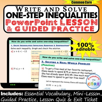 Preview of WRITE AND SOLVE ONE-STEP INEQUALITIES PowerPoint Lesson & Practice DIGITAL