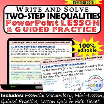 Preview of WRITE AND SOLVE TWO-STEP INEQUALITIES PowerPoint Lesson & Practice DIGITAL