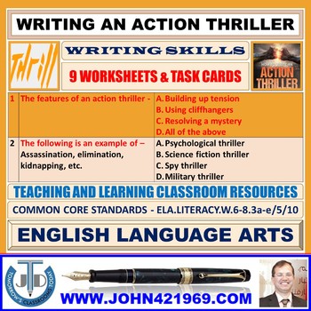 Preview of WRITING AN ACTION THRILLER - 9 WORKSHEETS AND TASK CARDS