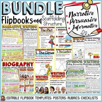 Preview of NARRATIVE/OPINION/BIOGRAPHY WRITING BUNDLE:  FLIPBOOKS/INB: EDITABLE