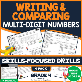 Preview of WRITING & COMPARING NUMBERS: Skills-Boosting Math Worksheets | GRADE 4 (4.NBT.2)