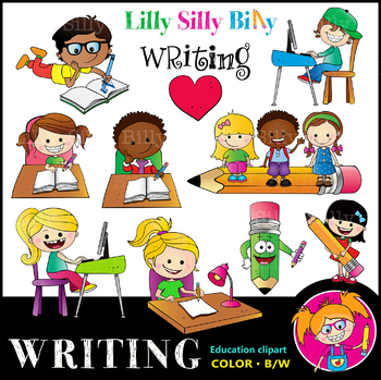 Preview of WRITING Clipart set. BLACK AND WHITE & Color Bundle. {Lilly Silly Billy}