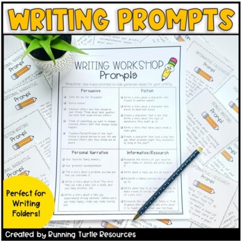 WRITING PROMPTS- 22 Task Cards + 1 Prompt Page by Running Turtle Resources