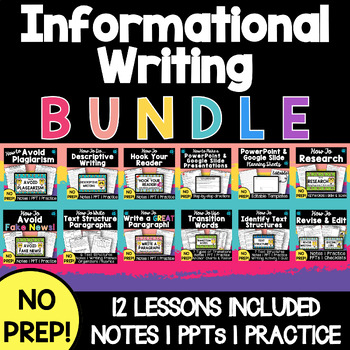 Preview of WRITING SKILLS LESSONS BUNDLE Informational Research Unit PPT Notes Practice