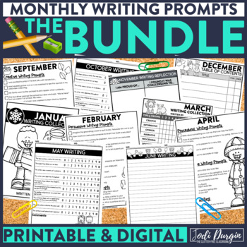 Preview of MONTHLY WRITING PROMPTS JOURNAL Quick Write Center Morning Work YEAR LONG BUNDLE