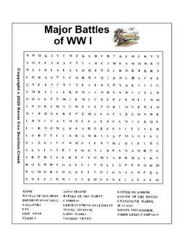Preview of WW I Word Search: Major Battles of World War I