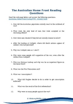 Preview of WWI Australian Home Front Reading Questions Worksheet