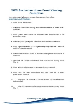 Preview of WWI Australian Home Front Viewing Questions Worksheet