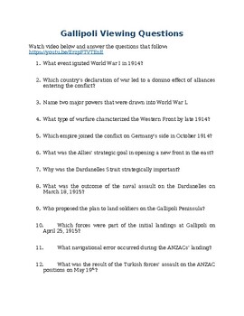 Preview of WWI Gallipoli Campaign Video Viewing Questions Worksheet