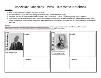 Preview of WWI - Important Canadian people - interactive notebook