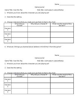 Preview of WWI Trench Warfare Video Game Worksheet
