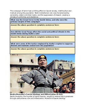 WWII Leaders of Totalitarianism in World War II Worksheet with KEY