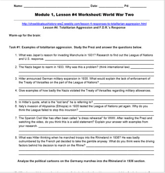 WWII Totalitarian Aggression and FDR s response Independent Worksheet