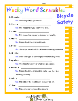 bicycle safety word scramble by health edventure tpt