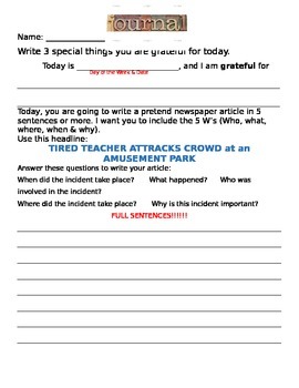 Preview of Wacky article journal writing activity 4 for Special Ed