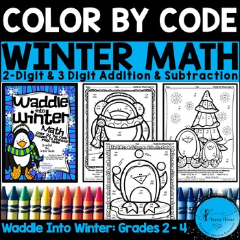 Preview of Winter Math Color By Number Code 2-digit 3-digit 3 Addend Addition & Subtraction
